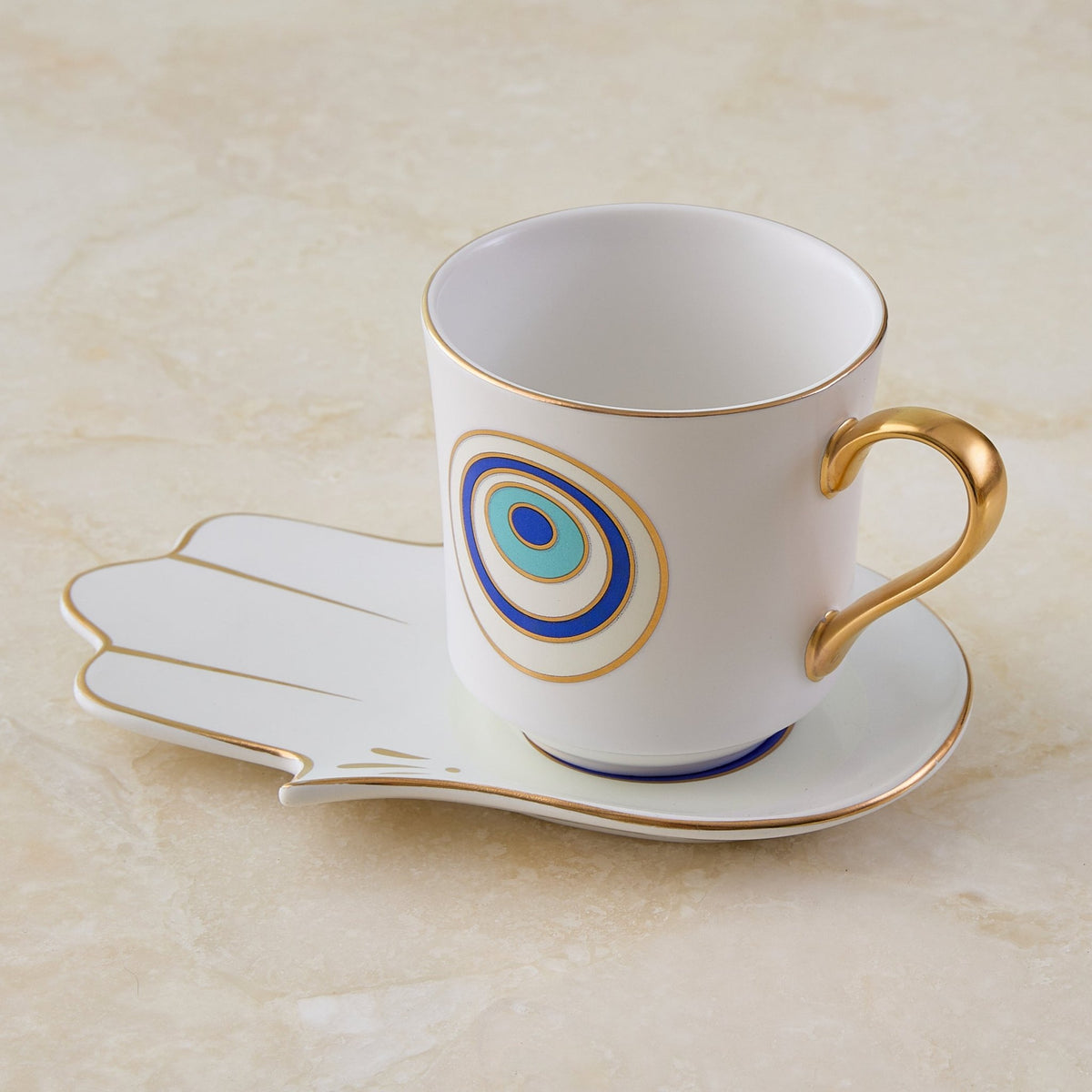 Evil Eye Mug with Hamsa Saucer White