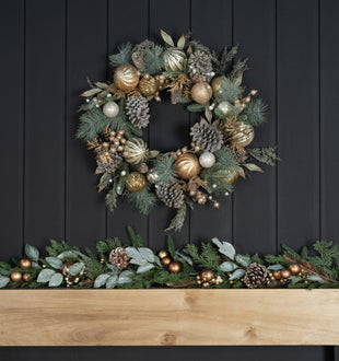 Festive Foliage Wreath with Gold Ball Ornaments - ironyhome