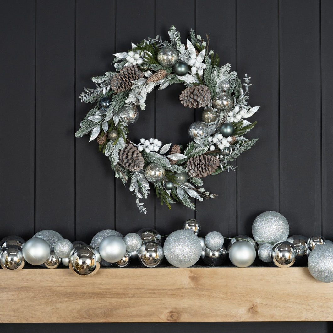 Festive Foliage Wreath with Green & Silver Ball Ornament - ironyhome