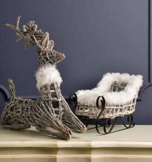 Festive Rustic Twig Seated Reindeer with White Fur Collar - ironyhome