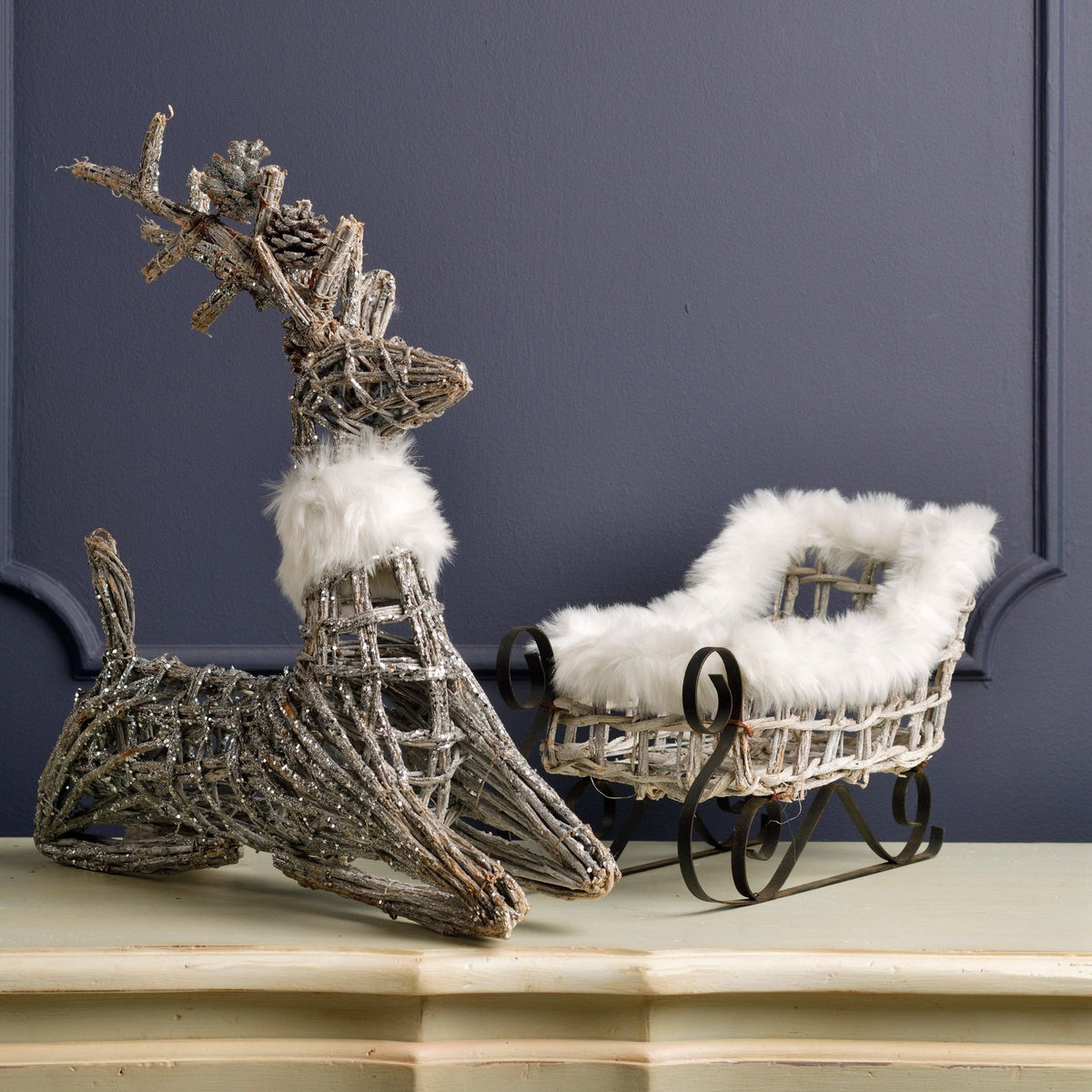 Festive Rustic Twig Seated Reindeer with White Fur Collar