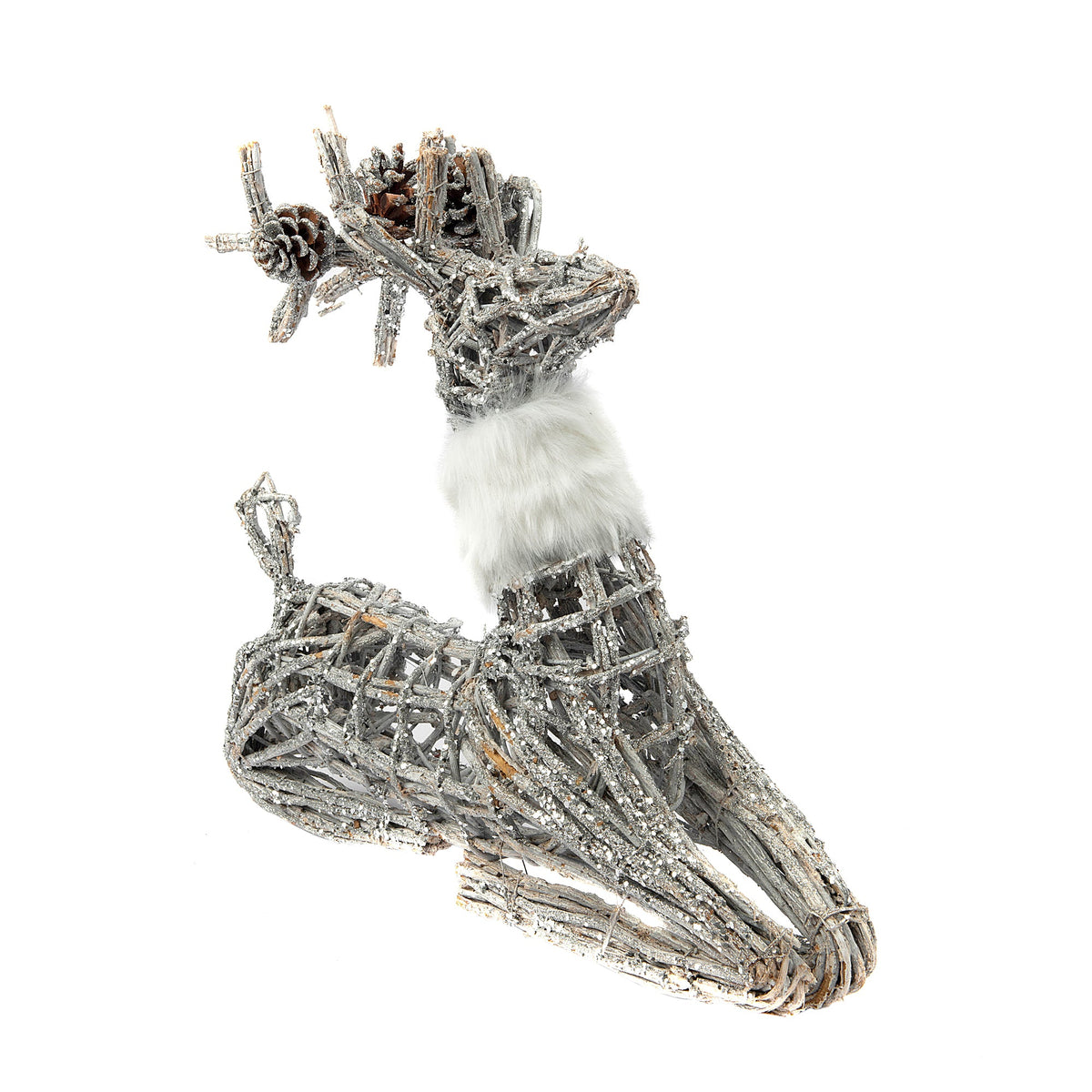 Festive Rustic Twig Seated Reindeer with White Fur Collar