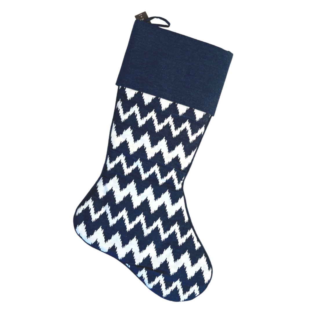 Festive Stocking with Ikat Print - White & Blue