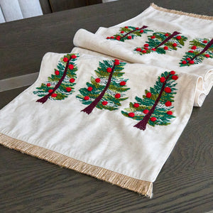 Festive Table Runner in Natural Cotton with PomPom Trim