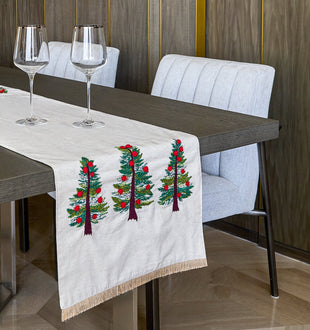 Festive Table Runner in Natural Cotton with PomPom Trim - ironyhome