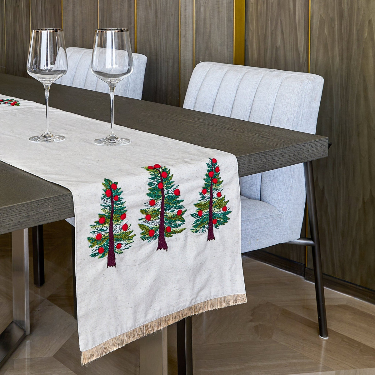 Festive Table Runner in Natural Cotton with PomPom Trim