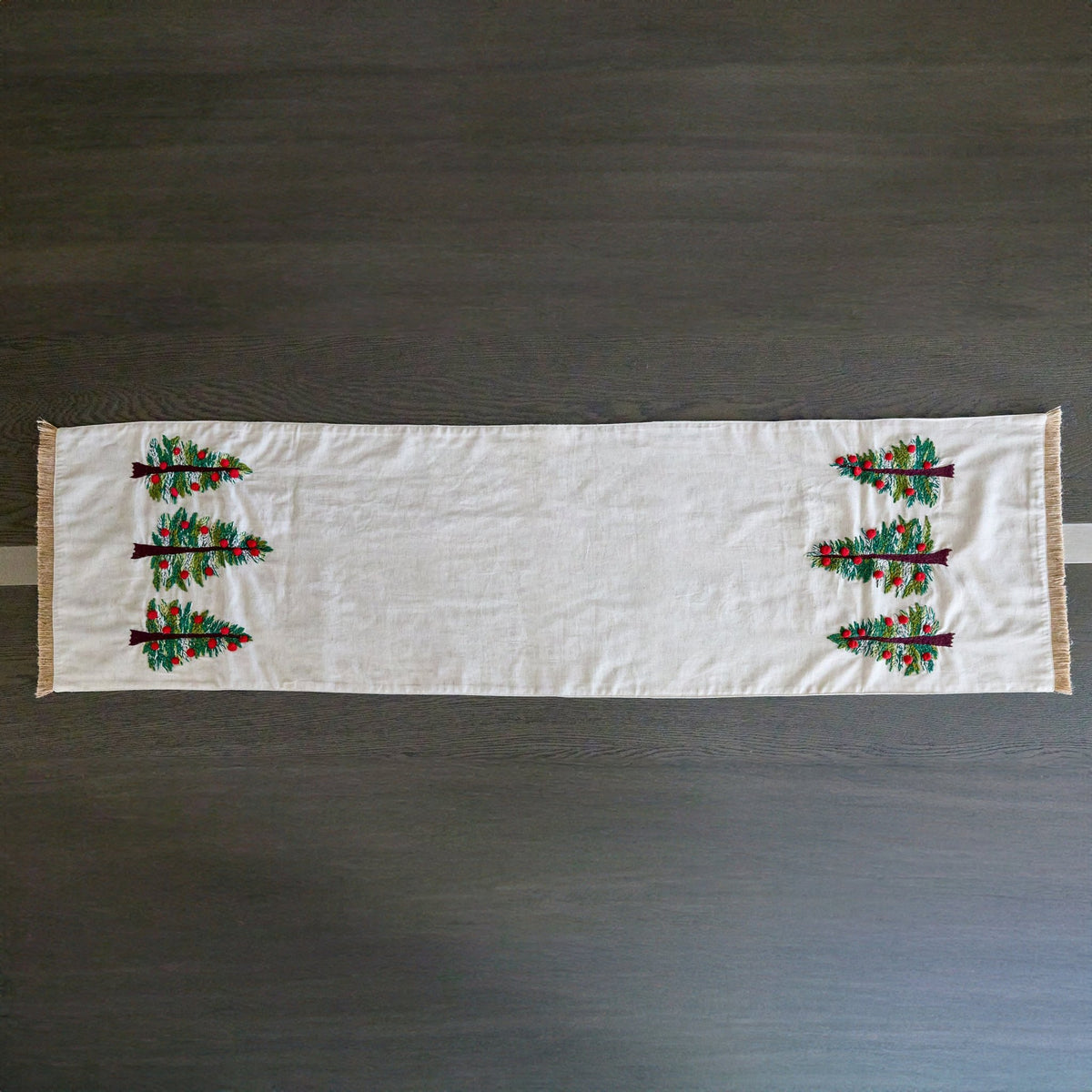 Festive Table Runner in Natural Cotton with PomPom Trim