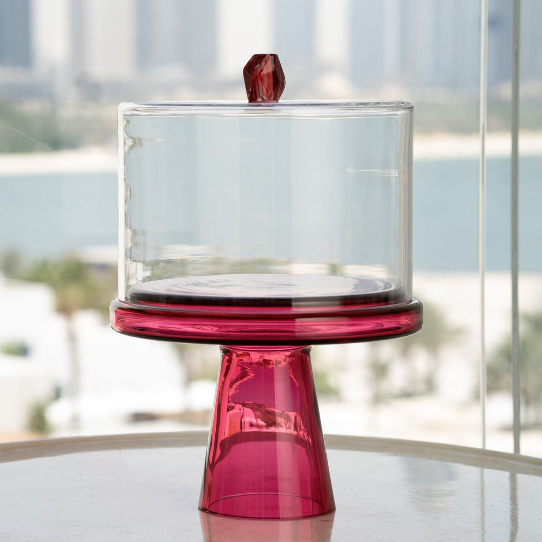 Flat Crystal Dome with Cyclamen Tinted Glass Stand - ironyhome