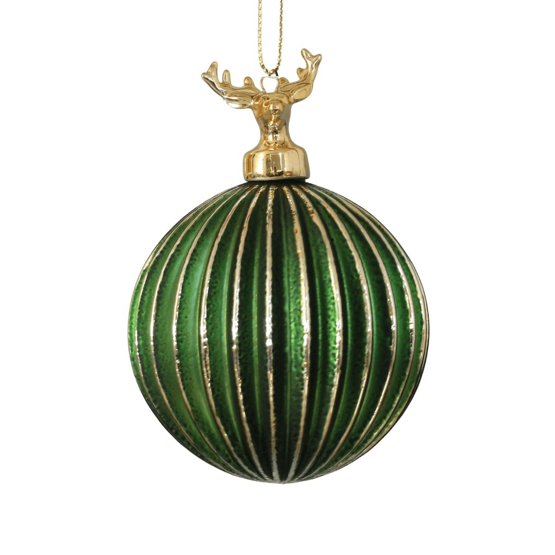 Forest Green Hand-Blown Ribbed Glass Ball Ornament