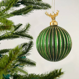 Forest Green Hand-Blown Ribbed Glass Ball Ornament