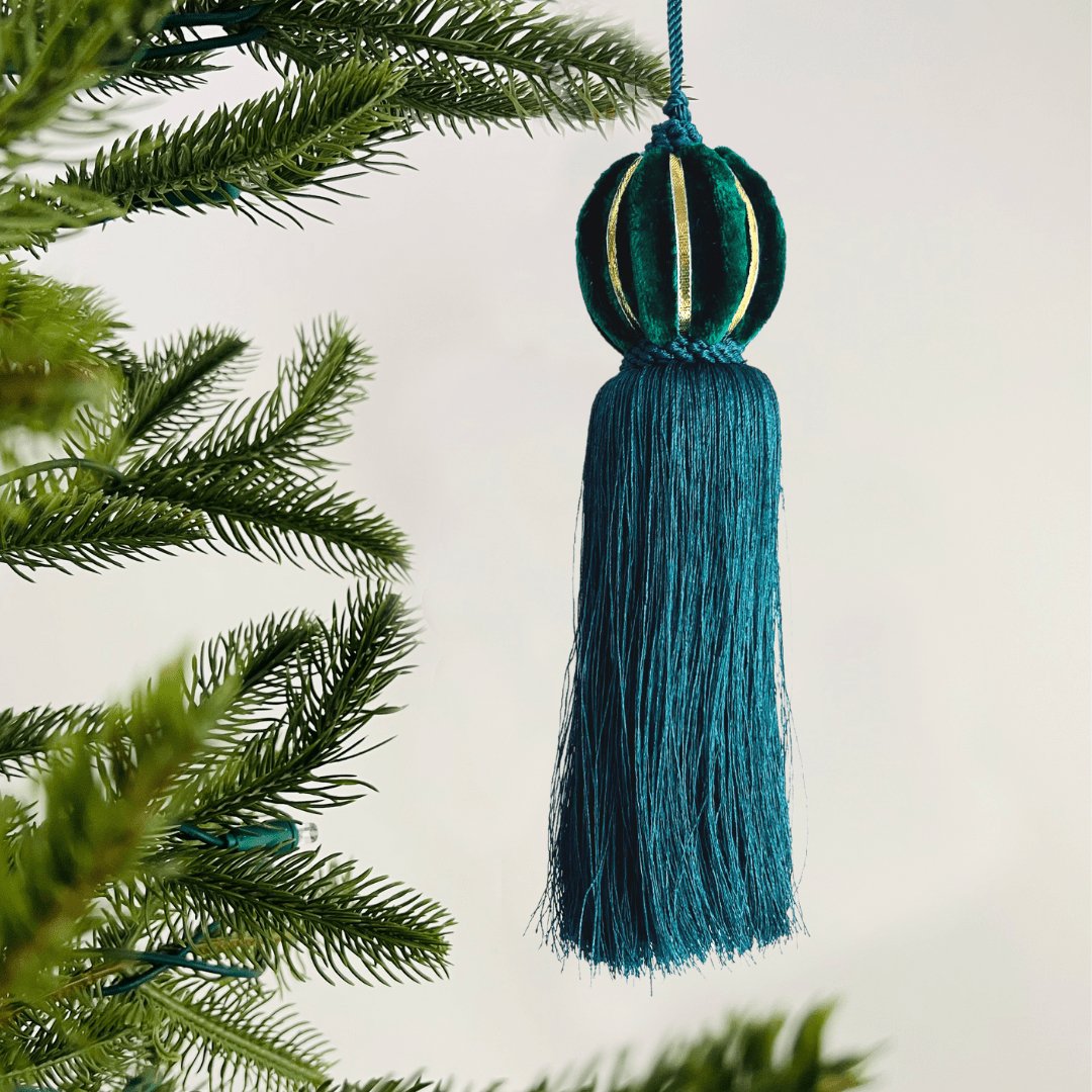 Forest Green Tassel Ornament with Gold Lining