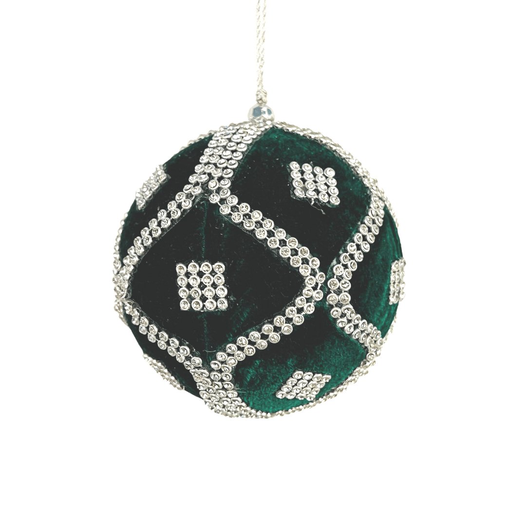 Forest Green Velvet Ball Ornament with Crystal Rhinestones