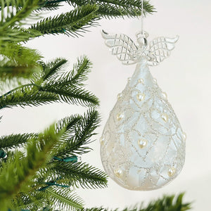Frosted Glass Angel Ornament with Heart Beads - Set of 4 - ironyhome