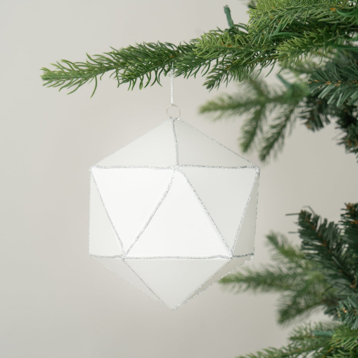 Geometric White Ornament w/Silver Glitter