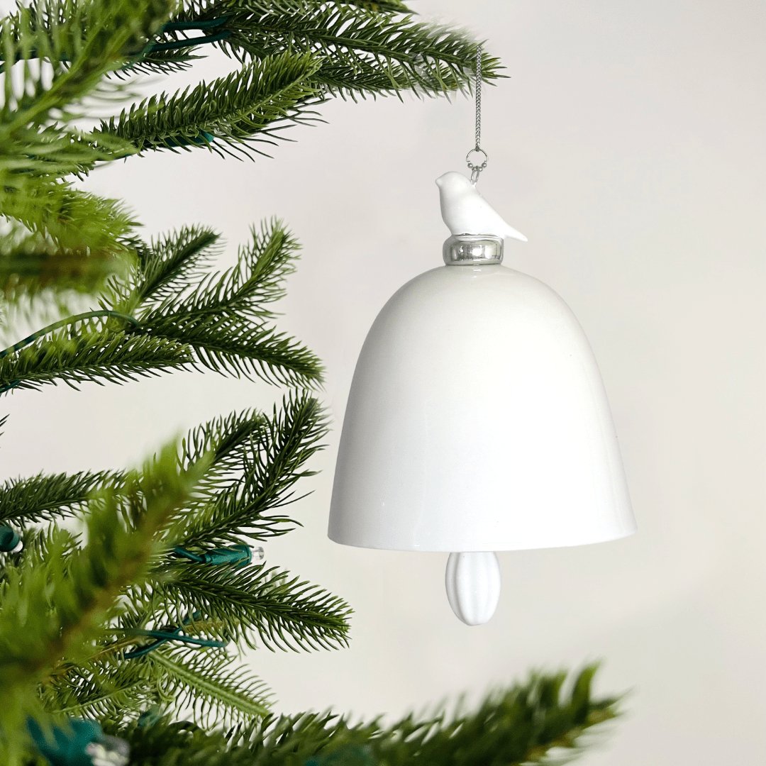 Glazed Porcelain White Bell Ornament with Bird Figurine