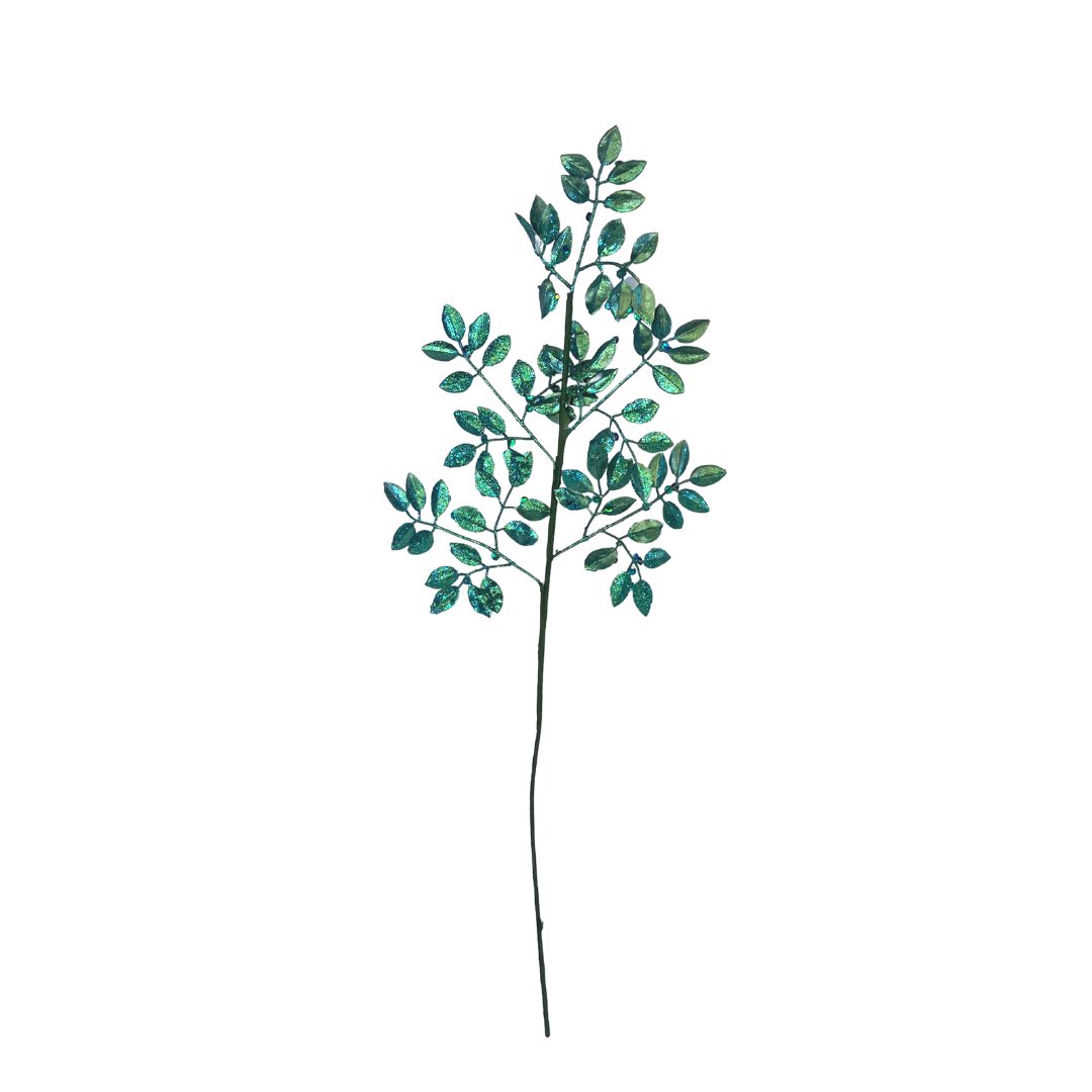 Glitter Gilded Green Leaf Branch Pick