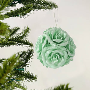 Glitter Green Rose Flower Ornament - Set of 4 - ironyhome