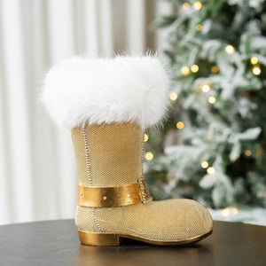 Gold Beaded Festive Boot Table Top with White Fur - ironyhome