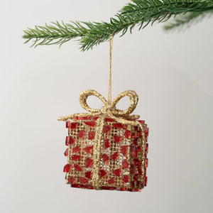 Gold & Red Mesh Gift-Box Ornament with Cullets - Set of 6 - ironyhome