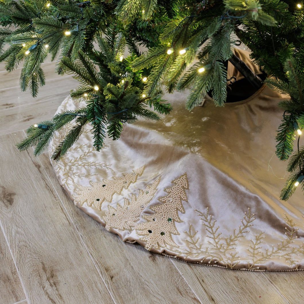 Gold Velvet Tree Skirt with Beads, Stone and Hand Embroidered Borders - ironyhome