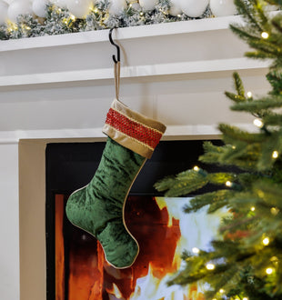 Green Christmas Stocking with Burgundy Cuff and Shiny Gold Trim - ironyhome