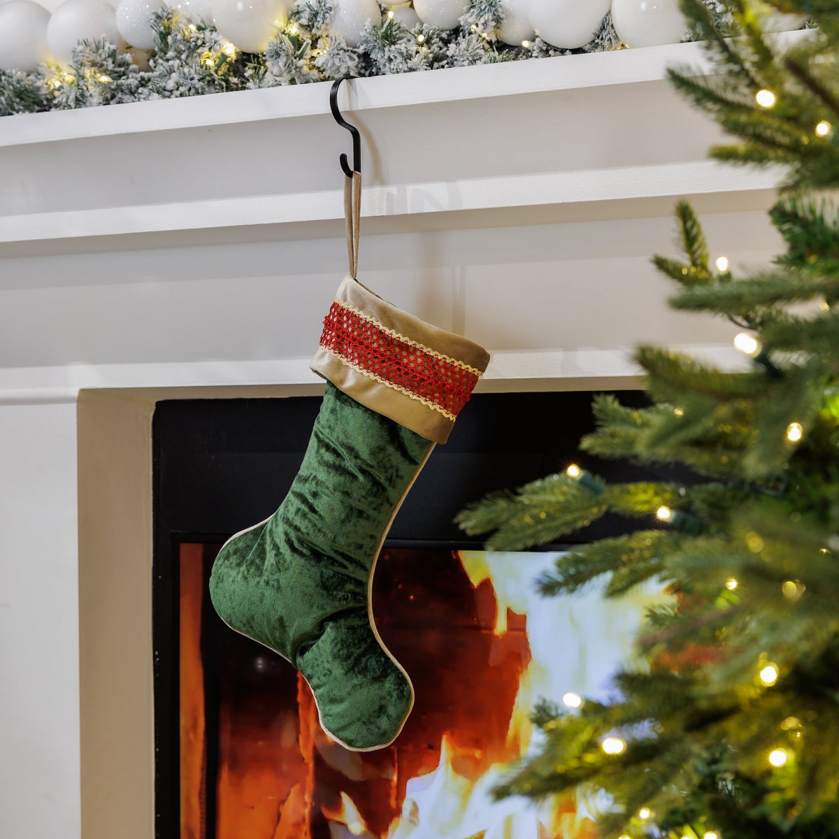 Green Christmas Stocking with Burgundy Cuff and Shiny Gold Trim