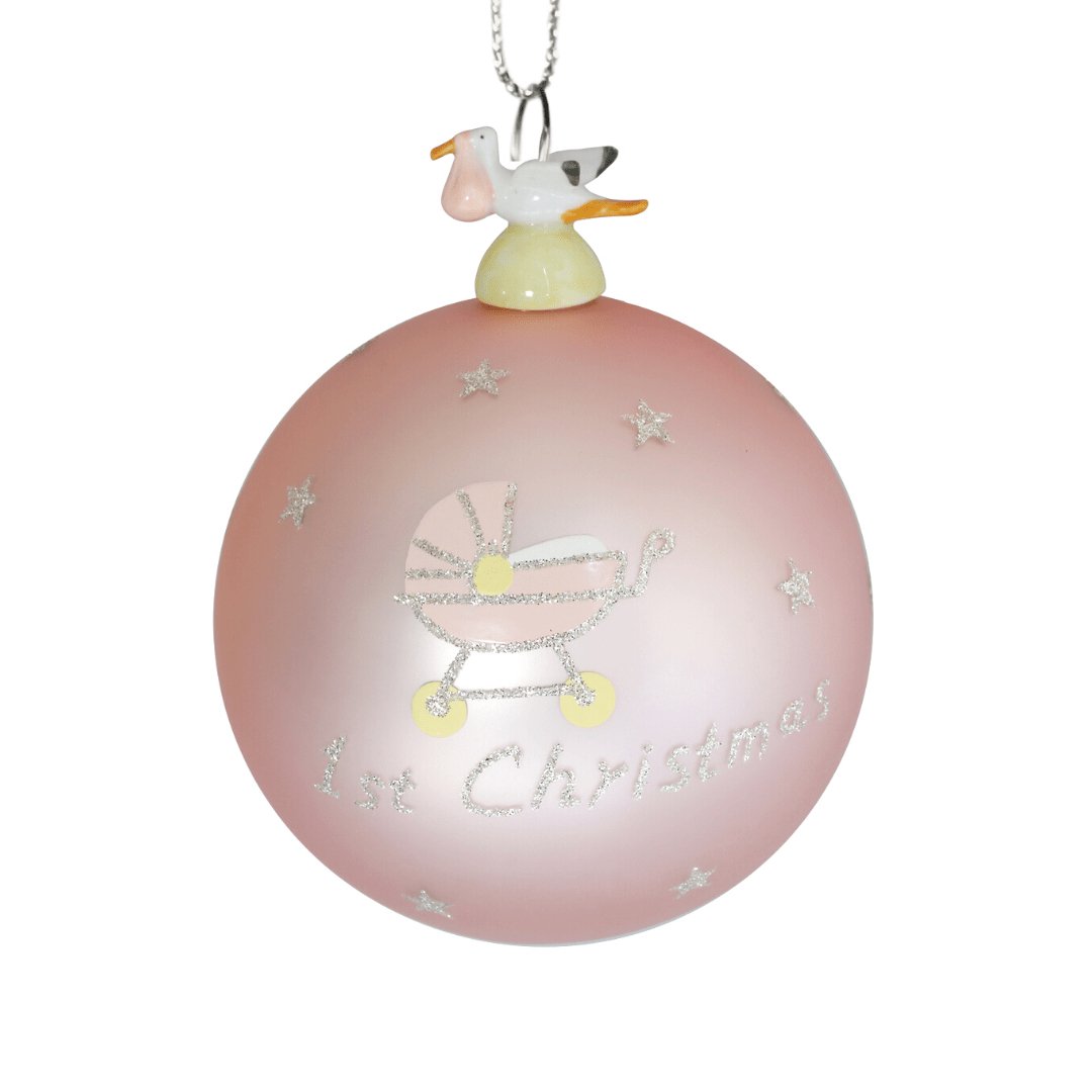 Hand-Blown Baby Pink Glass Ornament with Stork - Set of 6