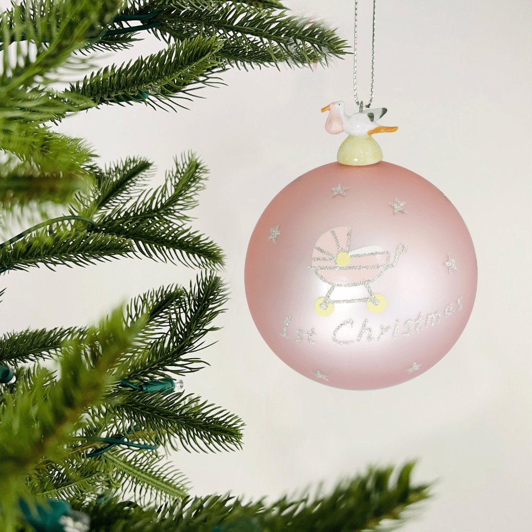 Hand-Blown Baby Pink Glass Ornament with Stork - Set of 6