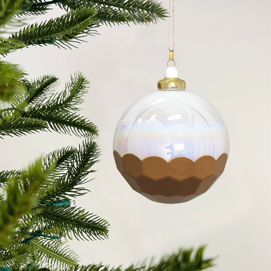 Hand-Blown, Multi-Faceted White & Gold Ball Ornament - Set of 6