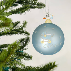 Hand-Blown Powder Blue Glass Ornament with Stork - Set of 6