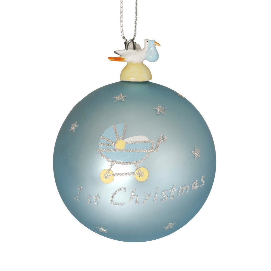 Hand-Blown Powder Blue Glass Ornament with Stork - Set of 6