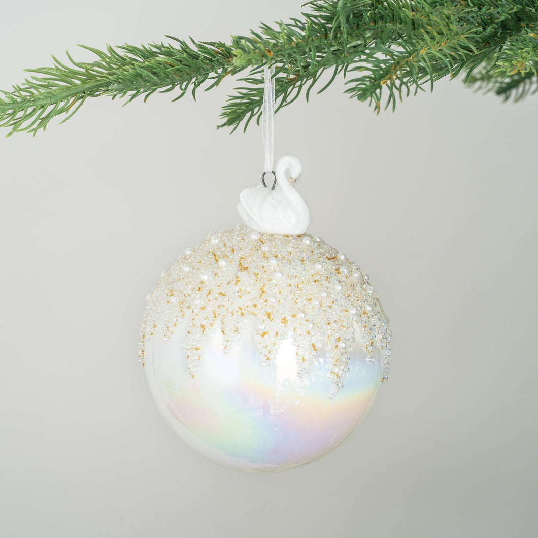 Iridescent Ball Ornament with Swan Figurine - ironyhome