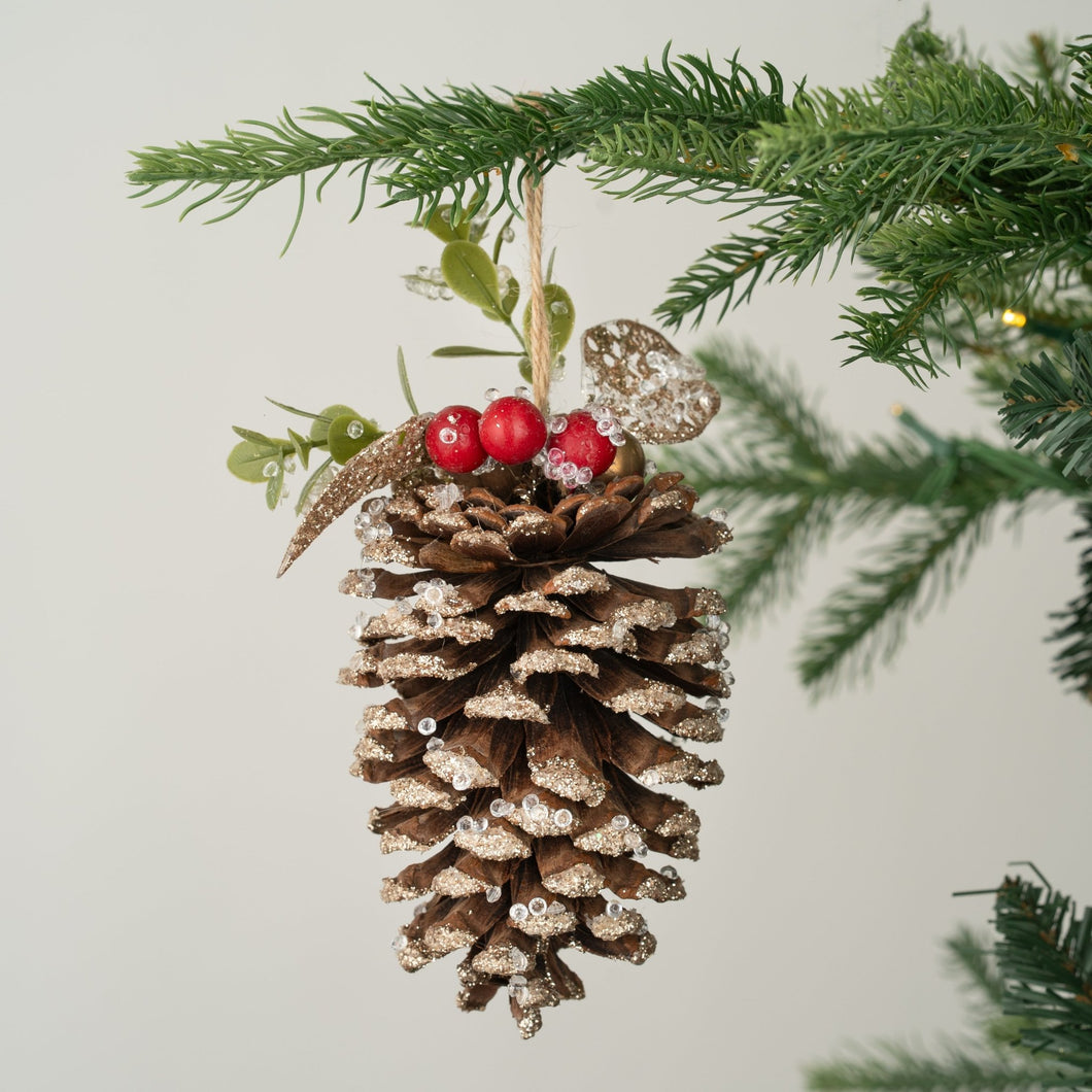 Large Pinecone Ornament with Holly Berry - Set of 6 - ironyhome