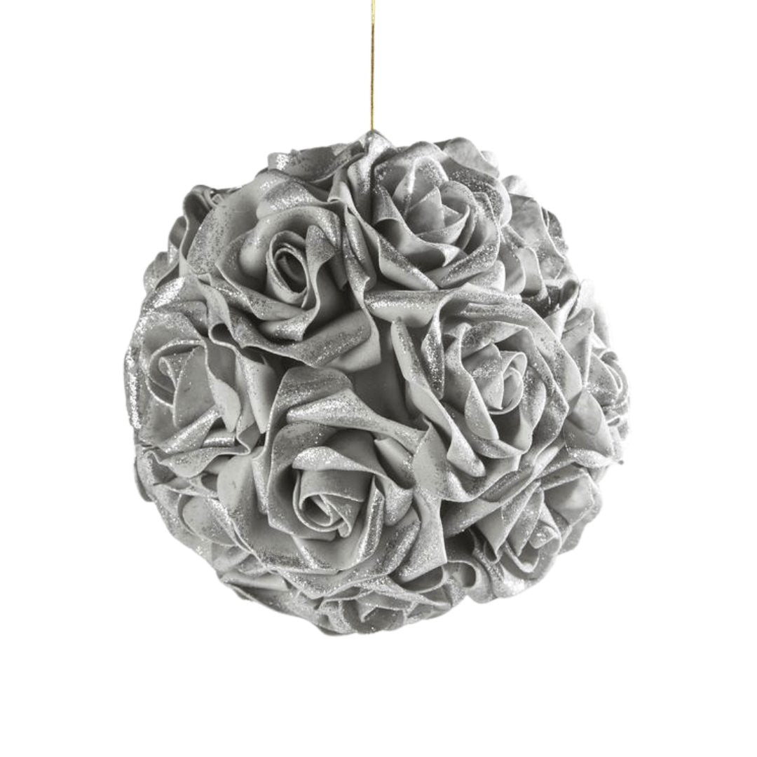 Large Silver Glitter Rose Flower Ornament