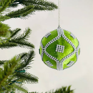 Lime Green Velvet Ball Ornament with Crystal Rhinestones - Set of 6 - ironyhome