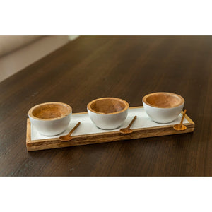 Mango Wood & White Enamel Dipping Bowl Set