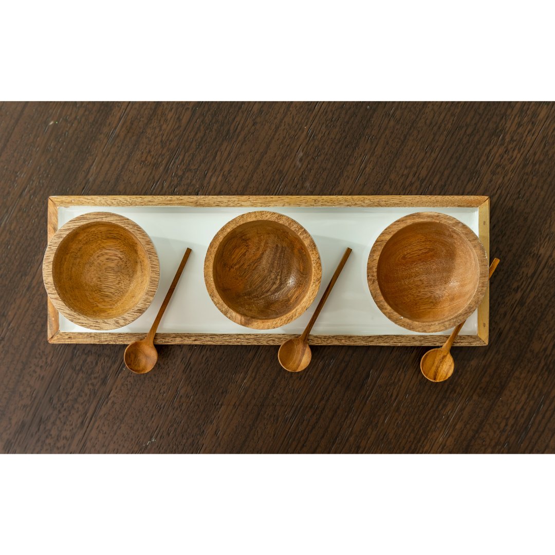 Mango Wood & White Enamel Dipping Bowl Set