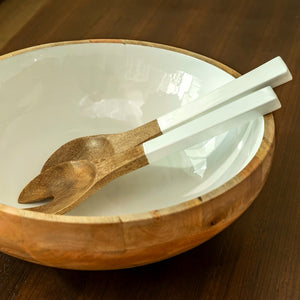 Mango Wood & White Enamel Large Serving Set