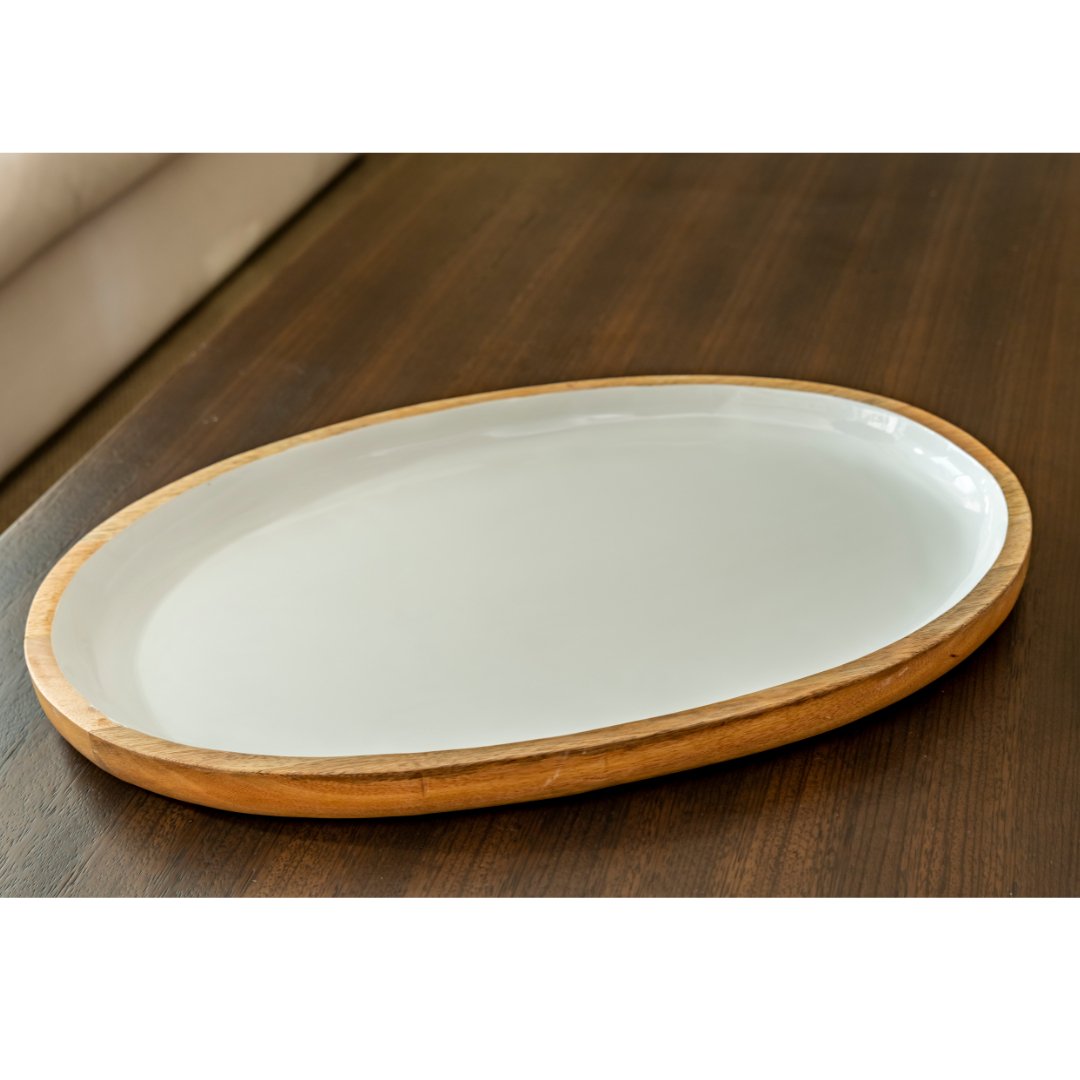 Mango Wood & White Enamel Oval Platter