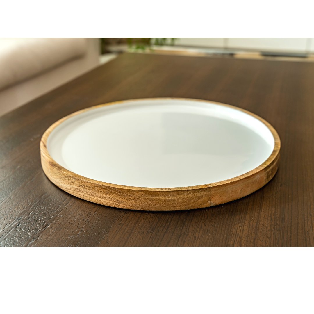 Mango Wood & White Enamel Round Platter