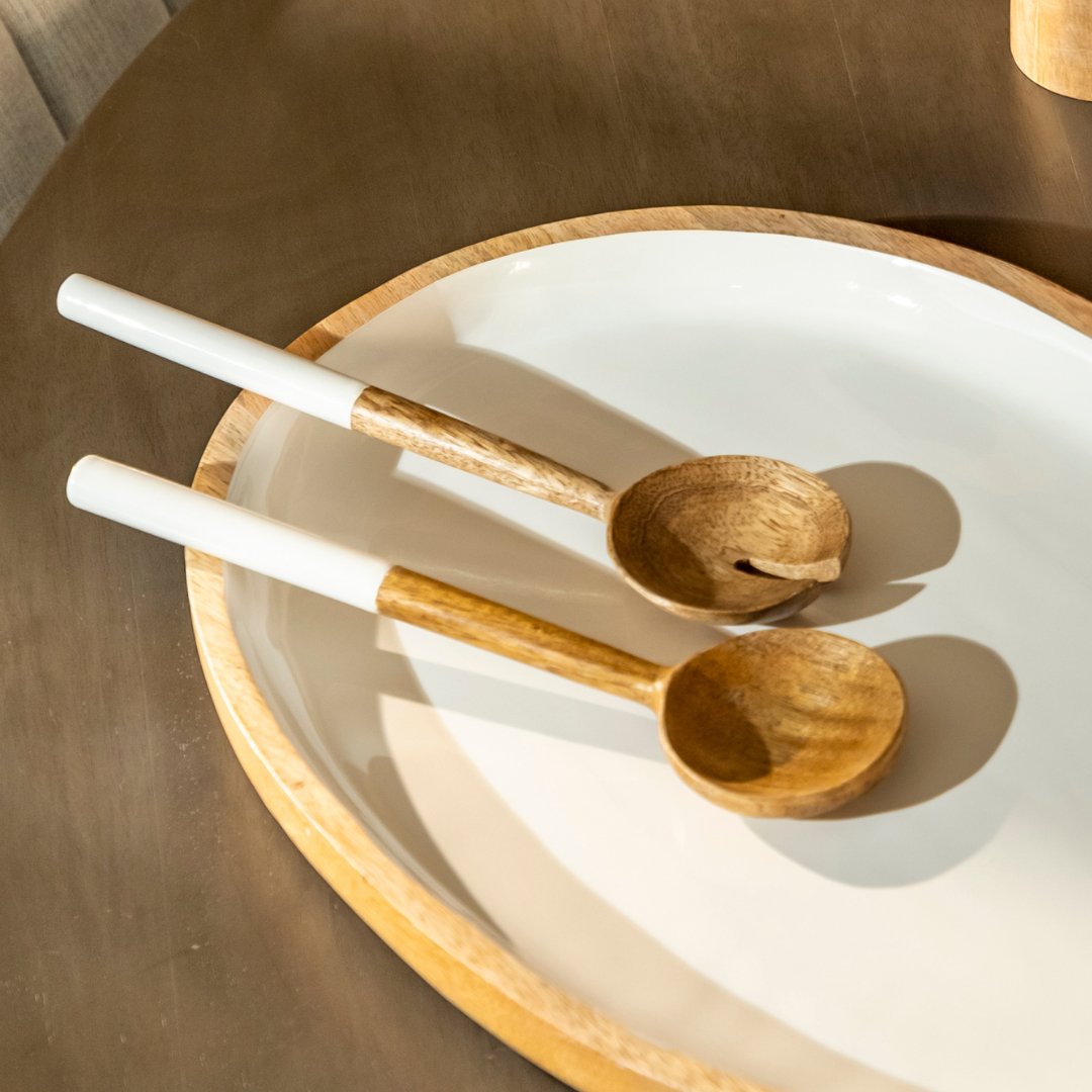 Mango Wood & White Enamel Serving Set