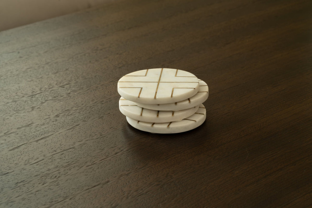 Marble Coaster with Brass Strip Detailing - Set of 4