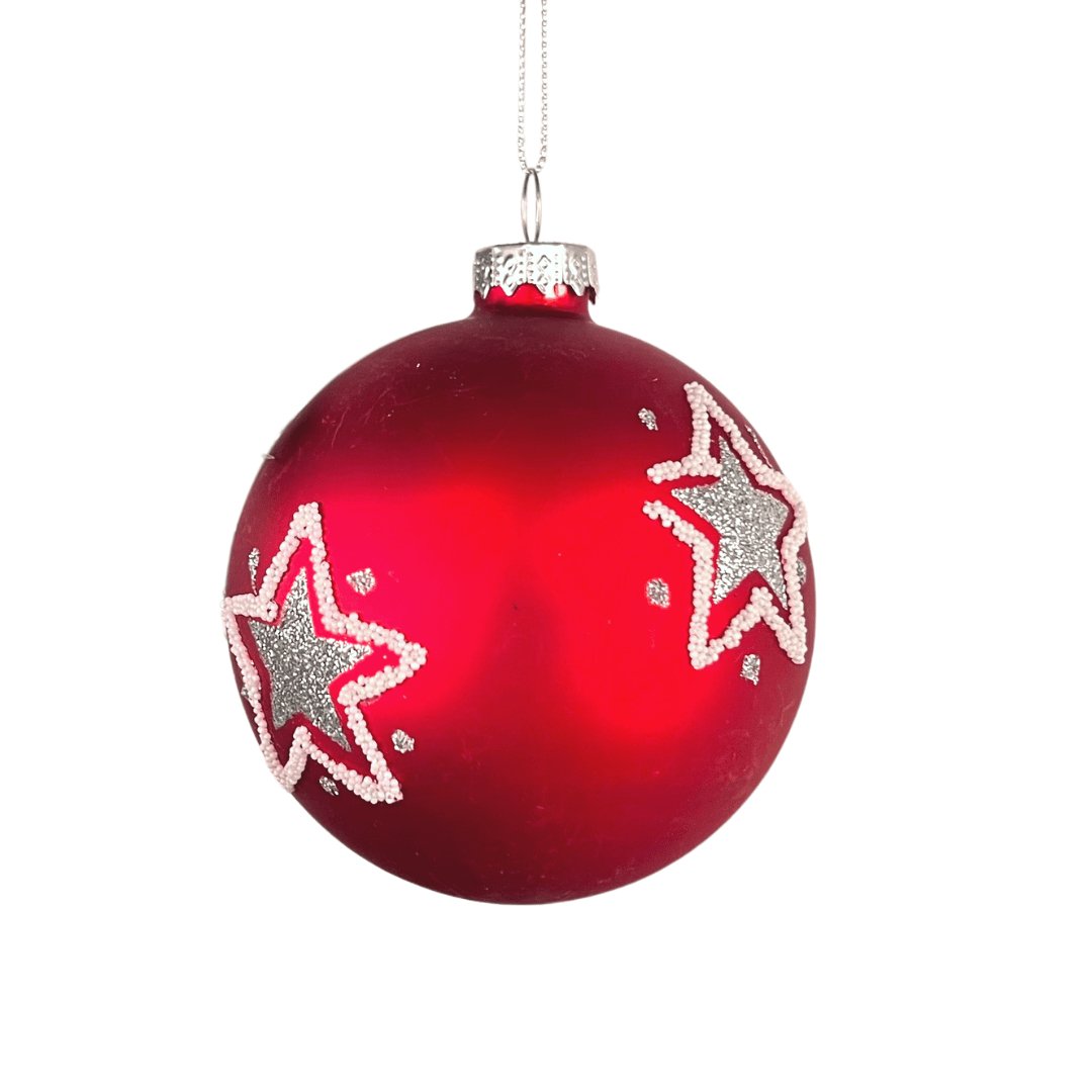 Matte Red Glass Ball Ornament with Stars