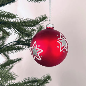 Matte Red Glass Ball Ornament with Stars