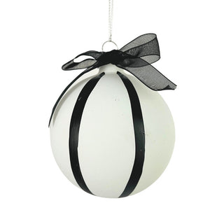 Matte White Ball Ornament with Black Stripes & Ribbon - Set of 6 - ironyhome