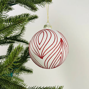 Matte White Ball Ornament with Red Stripes