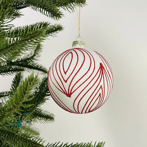 Matte White Ball Ornament with Red Stripes - ironyhome