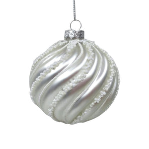 Matte White Ball Ornament with White Beads - Set of 6