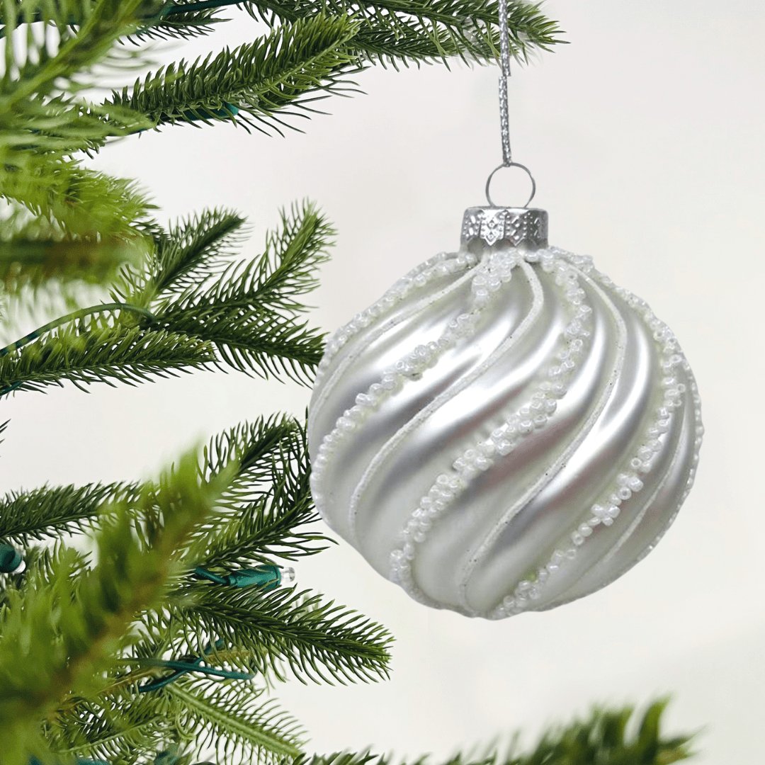 Matte White Ball Ornament with White Beads - Set of 6