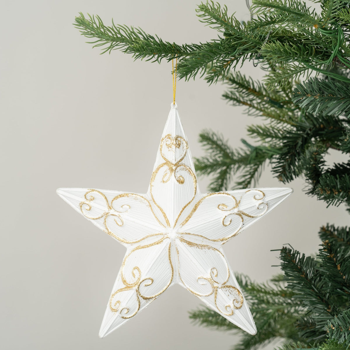 Matter White Star Ornament Engraved with Gold Glitter - Set of 6